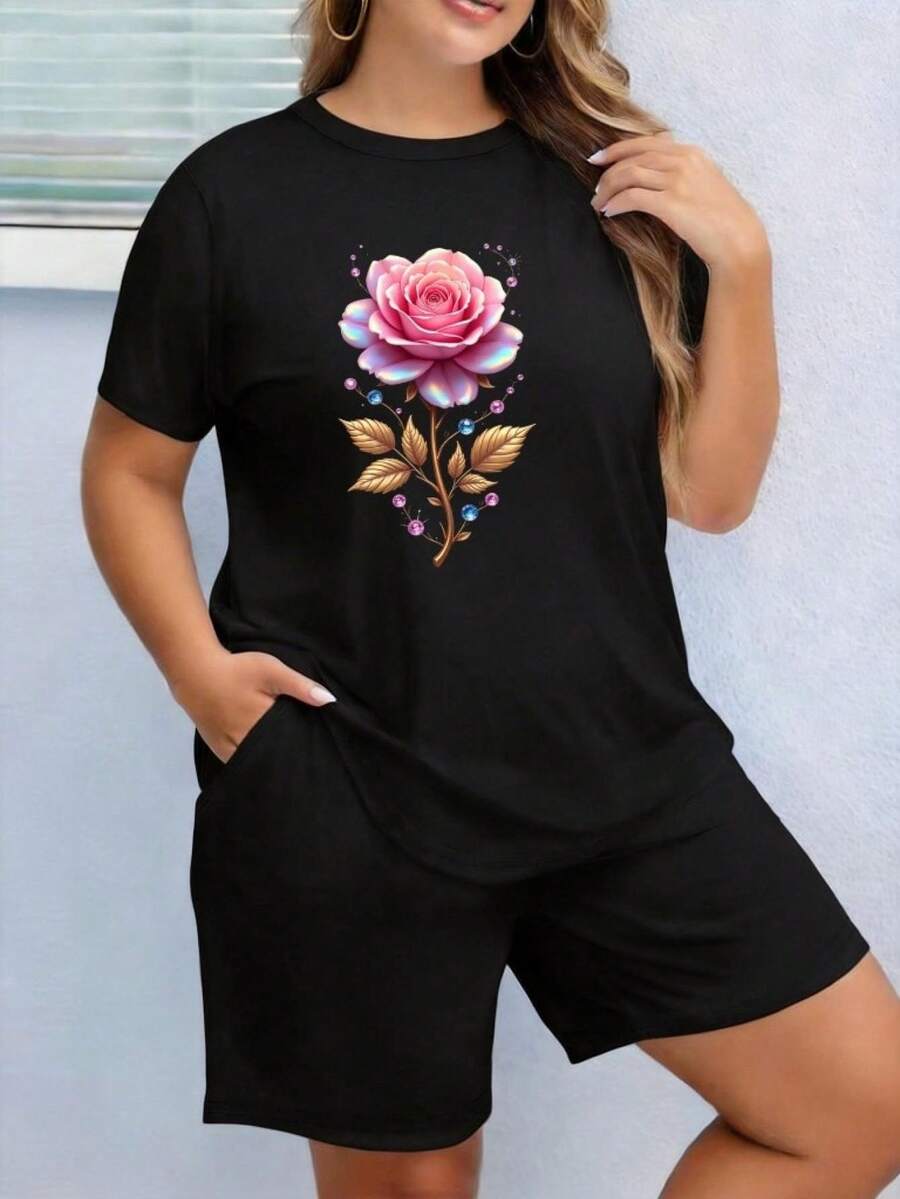 This Product Includes Only One Shirt, Pants Not Included. Women's Round Neck Shirt, Exotic Iridescent Pink Tones, Gold Leaves, Pink And Blue Crystals, Realistic-Fantasy Style, Central Composition, Elegant And Magical Aesthetic, Machine Washable, Durable Fabric, Casual Style, Comfortable Material, Printed Design, Loose Casual Wear, Pairs Well With Jeans, Short Skirts, And Shorts. - 黑色 - 查看 1