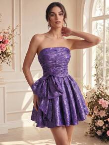 Smilprince Women's Purple Strapless Mini Formal Dress, Ruched Bow Detail A Line Cocktail Gown, Fall Fashion Hoco Quince Holiday Party Outfit - Purple - View 7
