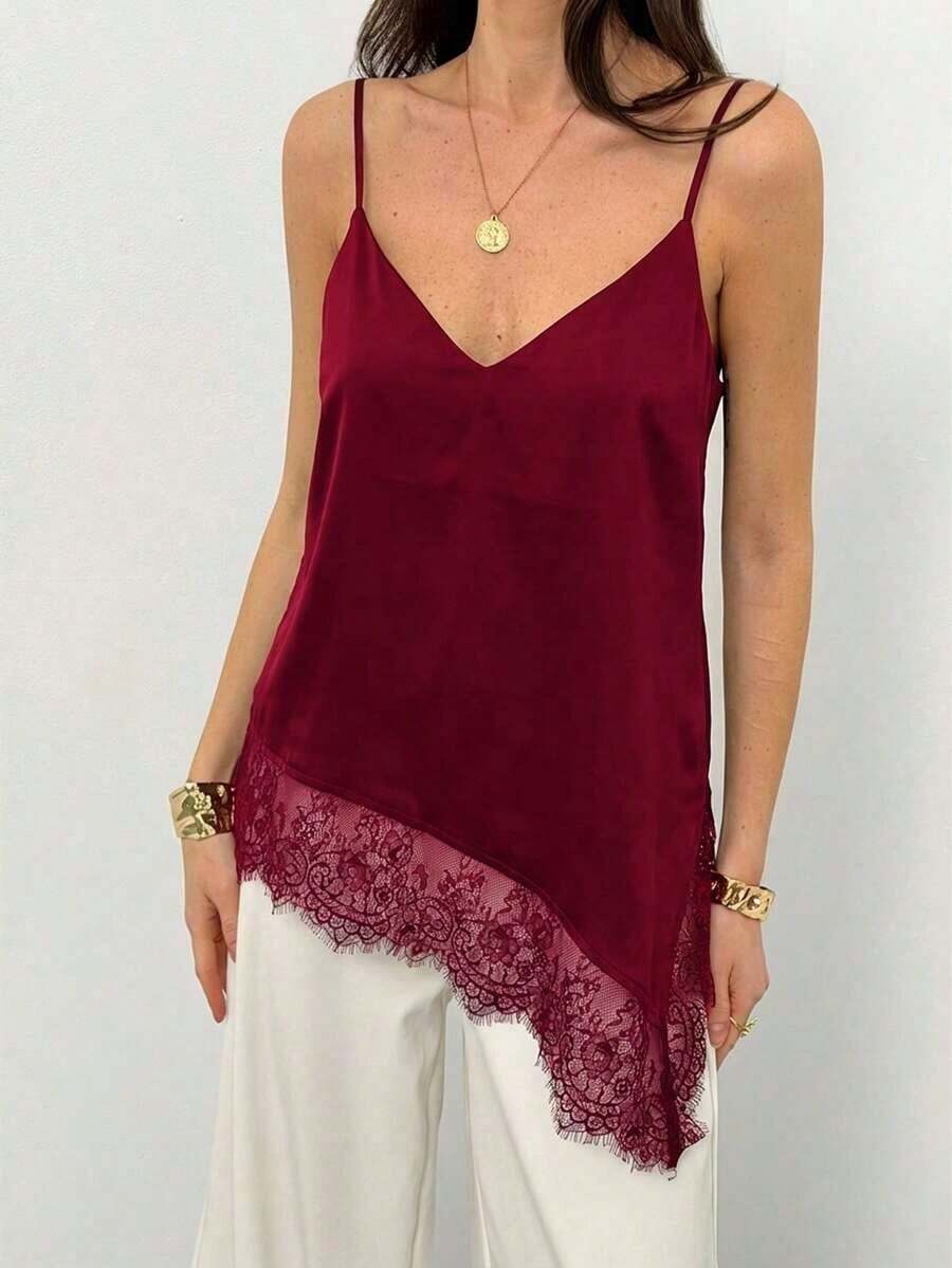 Top de tirantes de mujer con encaje y bajo asimétrico - Burdeos - Ver 1