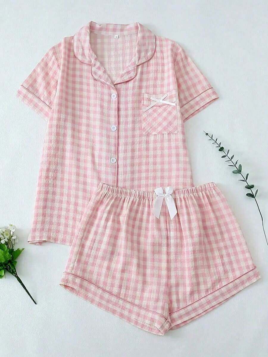 Set de 2 piezas de ropa de dormir de verano para mujer: top de manga corta y shorts, ropa casual y cómoda para el hogar y uso casual - Rosa - Ver 1
