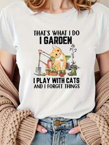 Funny T-Shirt For Women Who Love Cats And Gardening - "That's What I Do, I Play With Cats And Forget Things" Graphic Print With Animated Cat And Plants, Soft And Breathable Short Sleeve, Casual Round Neck For Spring And Summer, Cat T-Shirts - 白色 - 查看 1