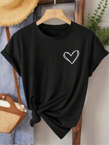 Printed Short Sleeve T-Shirt, Loose Fit, Unisex, Plus Size, Black With Purple Flowers, Love Yourself Brand - 黑色 - View 7