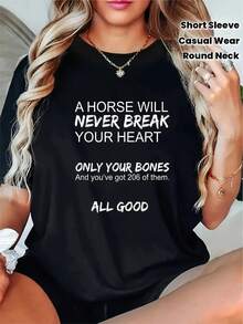 Women's T-Shirts, Women's T-Shirts, Funny Women's T-Shirt With Horse Theme -- "Horses Never Get Sad, They Just Break Your Bones" Short Sleeve Crew Neck T-Shirt, Printed With A 206 Bone Pattern, Casual Couple T-Shirt For Spring/Summer. - 1件白色隨機圖案 - 查看 2