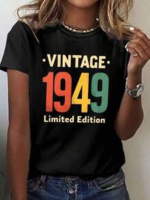 1 Piece, Classic And Versatile Pure Cotton Short-Sleeved T-Shirt, Ideal For Wearing In Any Season, 1949 Retro Design With Feminine Print, Modern Style - Black - View 1