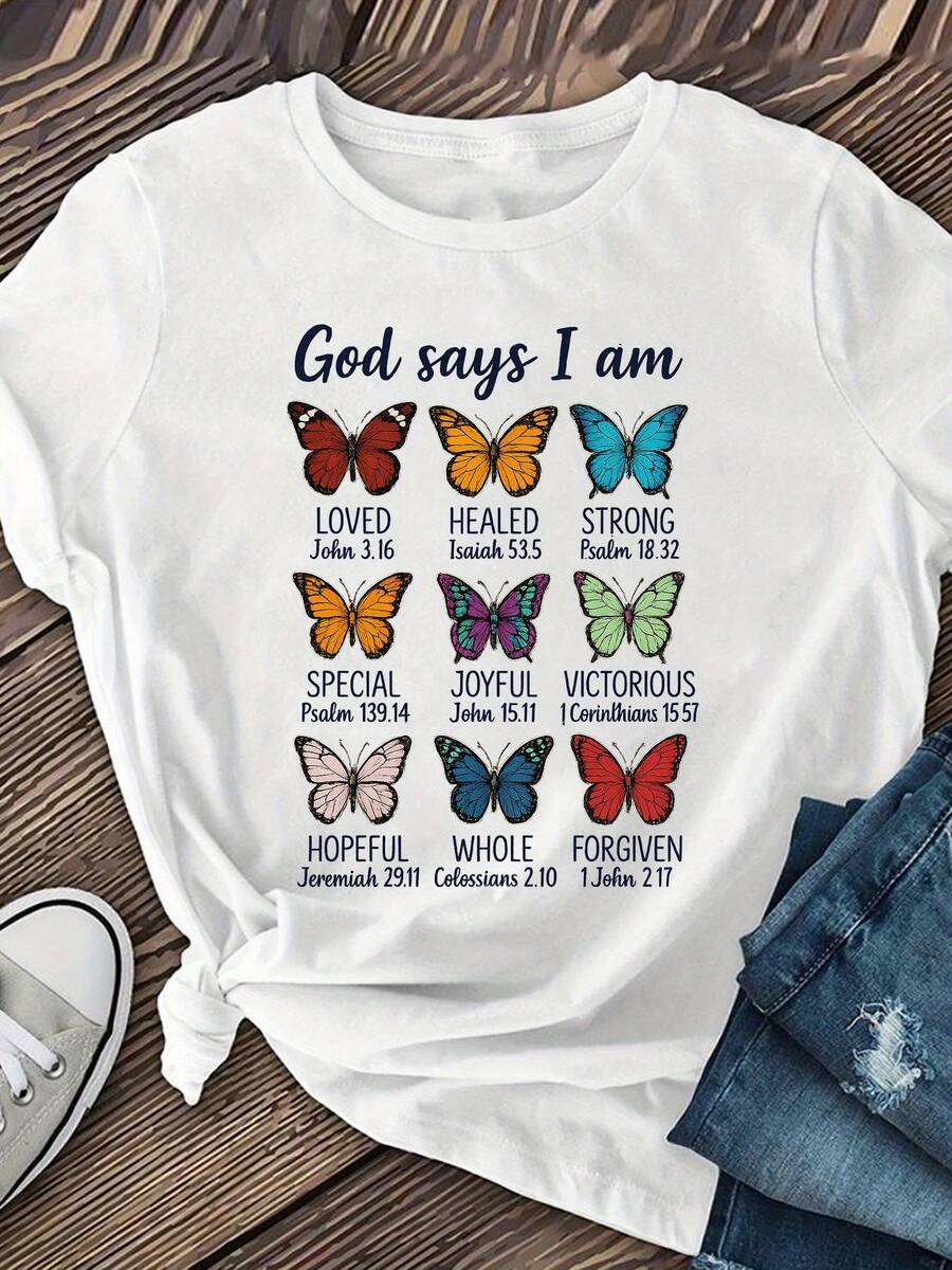 Women's T-Shirt With Colorful Butterflies, Summer Clothes For Women, Casual Short Sleeve Round Neck Top For Spring And Summer, Casual Short Sleeve T-Shirt, Regular Length, Casual Short Sleeve T-Shirt For Spring And Summer - 白色 - 查看 1