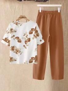 2 piezas Conjunto de top y pantalones casuales estampados para mujer - Camel - Ver 2