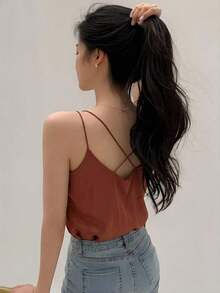 Camiseta sin mangas casual de unicolor y cuello en V elegante para mujer, verano - Marrón - Ver 4