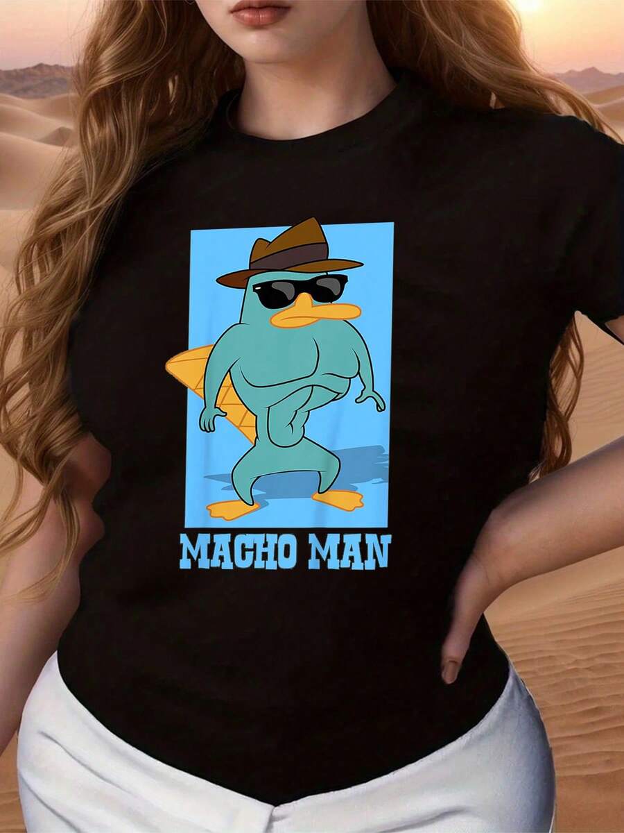 Fun Graphic Of A Muscular Duck Wearing Sunglasses And A Hat, Projecting A Confident And Comical Attitude. Comfortable Casual Women's T-Shirt, Ideal For Everyday Wear And Pairing With Jeans Or Shorts. - 黑色 - 查看 1