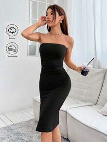 Vestido corto de verano ajustado tipo tubo con abertura lateral - Negro - Ver 10