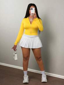 Chaqueta básica casual de ajuste ceñido con cremallera, cuello en V y manga larga para otoño/invierno - E - Amarillo - Ver 3
