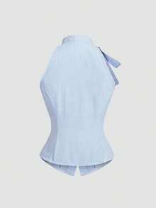 Blusa de mujer de nueva llegada sin mangas con lazo en la cintura y rayas ajustada - Azul - Ver 2