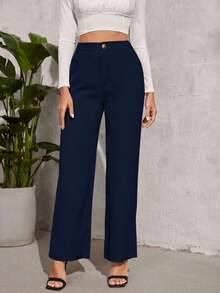 Pantalones rectos unicolor con cremallera - Azul marino - Ver 3