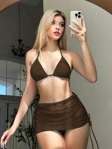 Swim Mod Set de 2 piezas de traje de baño de unicolor para mujer para vacaciones de verano - Café integral - Ver 7