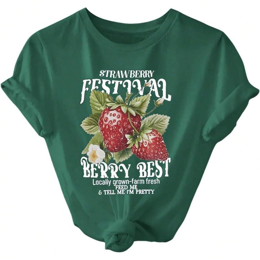SweatyRocks - Women's Casual Short Sleeve T-Shirt With Letter And Fruit Print - 綠色 - 查看 1