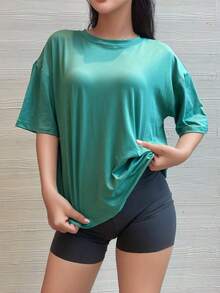 Camiseta de manga corta oversize, negro sólido, ajuste holgado casual para deportes blancos de verano - Verde - Ver 3