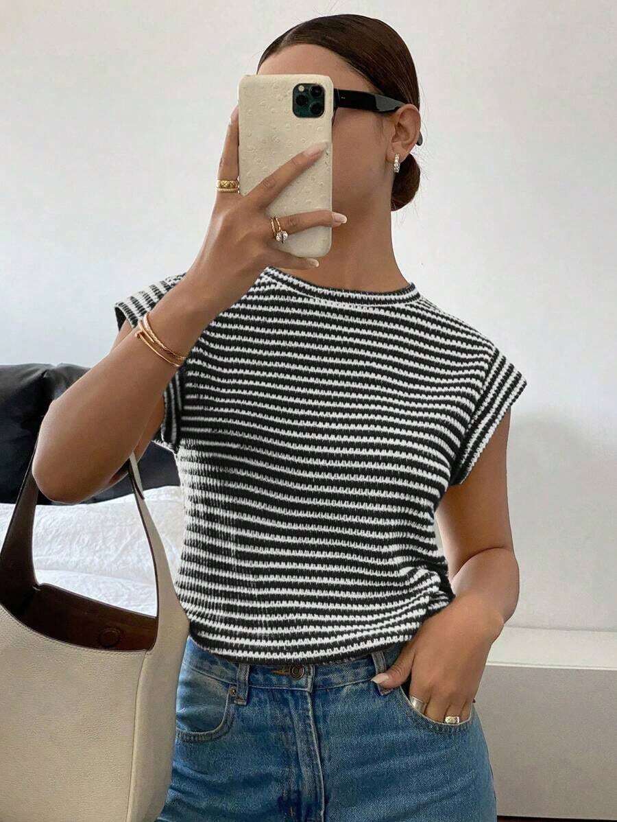 Camiseta casual de mujer con estampado de lunares, verano - Blanco y Negro - Ver 1
