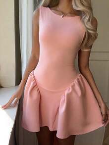 Vestido Mini Slip para Mujer JJS, Color Sólido, Espalda Descubierta, Estilo Simple, Casual para Uso Diario, Vestidos Pastel para Mujer - Rosa vieja - Ver 4