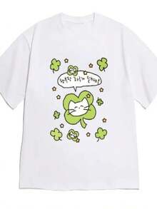 Short-Sleeve T-Shirt With Clover And Korean Alphabet Print, Casual - Polyester Fabric, Perfect Choice For Summer, Comfortable Fashion For Women - Soft And Breathable - 白色 - 查看 6
