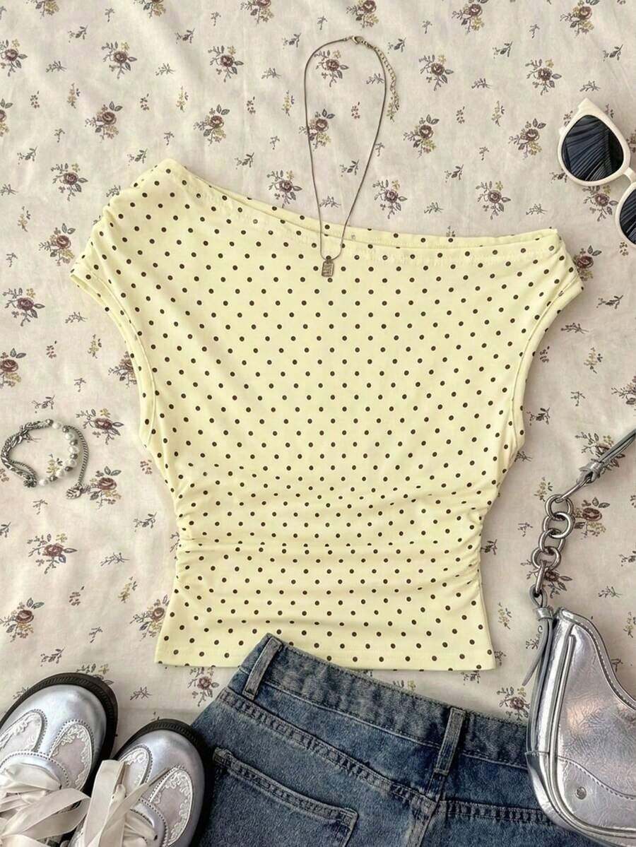 Blusa corta asimétrica fruncida para mujer - Amarillo claro - Ver 1