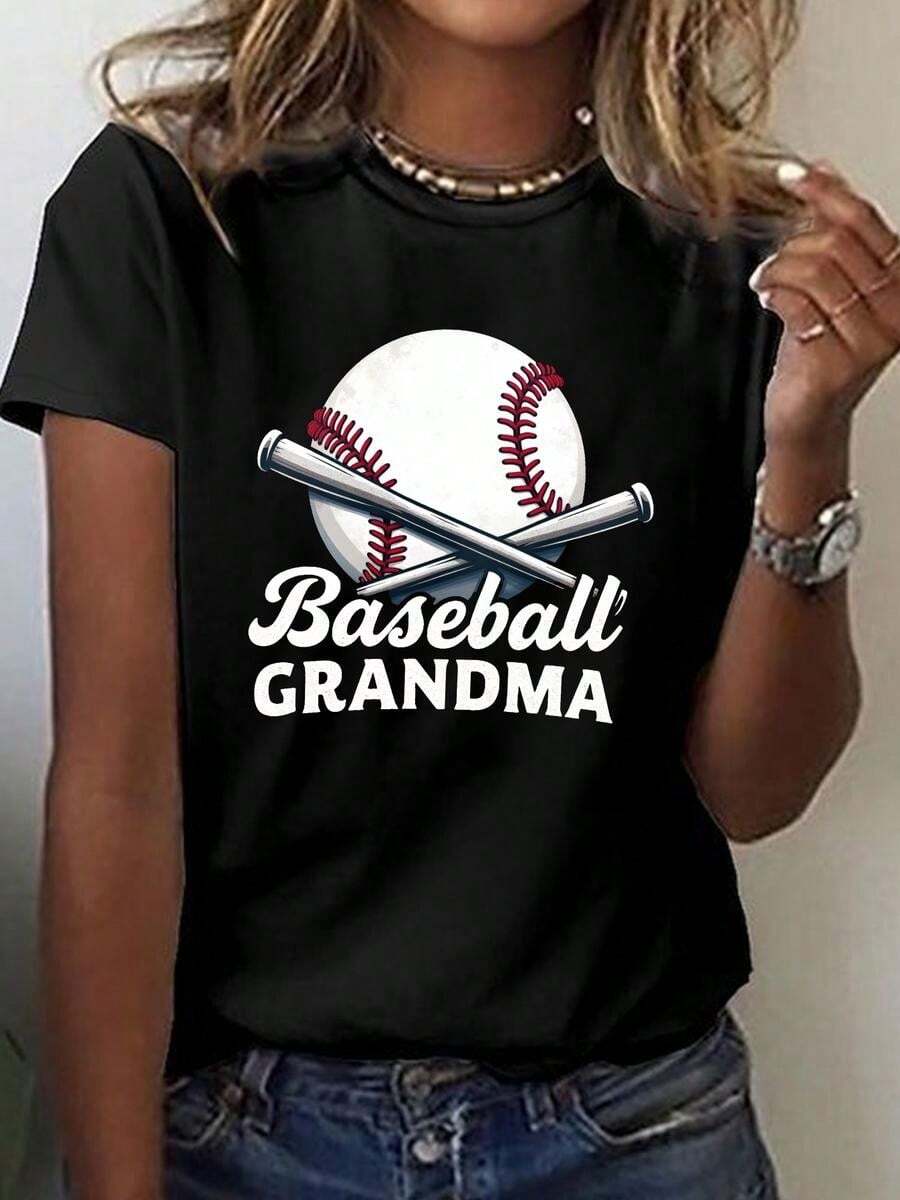 1 Piece, Classic And Versatile Pure Cotton Short-Sleeved T-Shirt, Ideal For Wearing In Any Season, With A Baseball Granny Design For Women, Modern Style - 黑色 - 查看 1