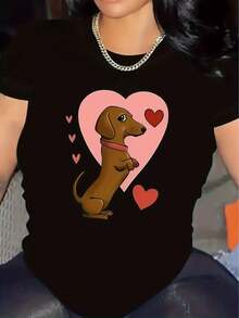 Camiseta con Estampado de Dachshund, Corazón Rosa, para Amantes de Perros, Camiseta Casual de Algodón Suave para Mujeres y Niñas, Regalo para Dueñas de Mascotas - Negro - Ver 8