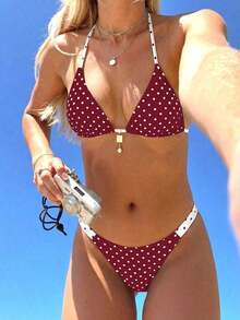 Conjunto de bikini reversible con estampado de lunares en contraste, con escote halter y nudo en la espalda, de estilo dulce y sexy, para vacaciones en la playa - Rojo y blanco - Ver 7