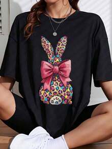 1 Piece Women's Loose Fit T-Shirt, Black Leopard Print With Rabbit And Pink Bow, Easter Theme, Casual Wear, 180g, 100% Cotton. - 白色 - 查看 7