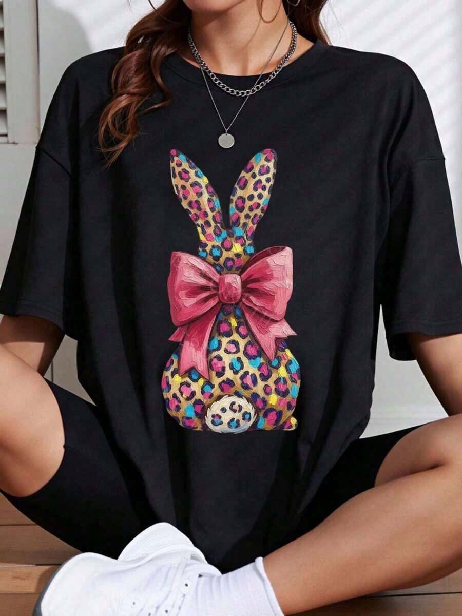 1 Piece Women's Loose Fit T-Shirt, Black Leopard Print With Rabbit And Pink Bow, Easter Theme, Casual Wear, 180g, 100% Cotton. - 黑色 - 查看 1