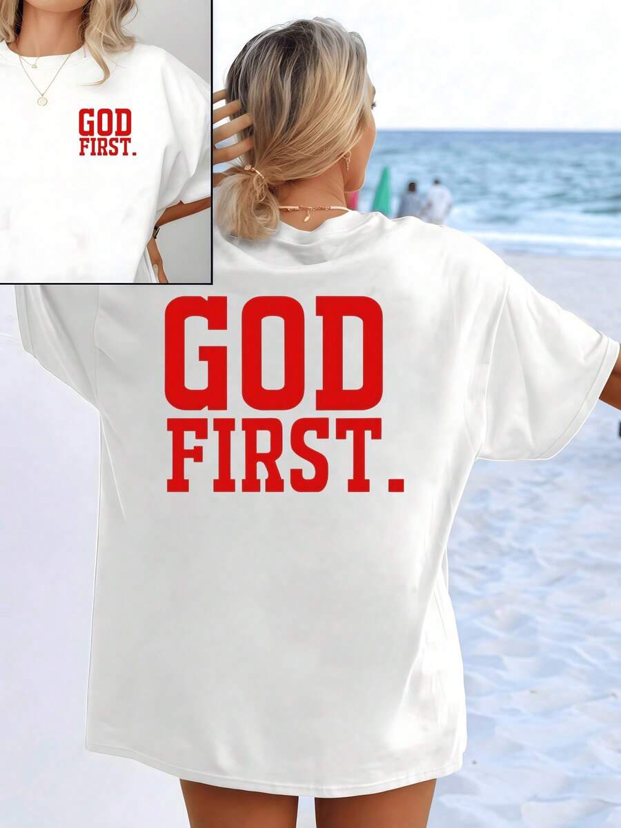 A Phrase In Large Red Letters Inspires Putting Faith And Hope First, Symbolizing Inner Strength And Confidence On The Spiritual Path. A Comfortable, Casual, Reversible Women's T-Shirt For Summer. - White - View 1