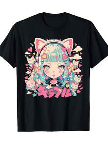 Vintage T-Shirt With Japanese Anime Cat Girl Graphic, Soft And Breathable, Pastel Colors (Pink, Blue, Green, Yellow, Purple, Red, White, Black), Unisex, Crew Neck, Machine Washable, Ideal For Casual Activewear. | Exquisite Design | Loose And Comfortable | Easy To Match | - 黑色 - 查看 2