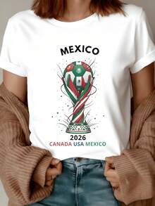 A Ball With The Colors Of Mexico, Raised By Ribbons That Form A Cup, Symbol Of Unity And Passion For Football On The Road To The 2026 Tournament In Canada, USA And Mexico. Women's Casual Modern T-Shirt - 白色 - 查看 8