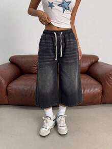 Pantalones vaqueros anchos de cintura con cordón de mezclilla elástica desgastada a la moda Y2K para adolescentes, pantalones cortos bohemios de verano para playa y vacaciones para niñas, conjuntos informales de verano para conciertos y festivales, - Negro - Ver 7