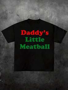 1 Piece "Mommy's Little Meatball" Printed T-Shirt, Casual Print, Comfortable And Versatile, With Letter Pattern, 100% Pure Cotton, 220g, 180g 100% Cotton - 2 - 查看 1