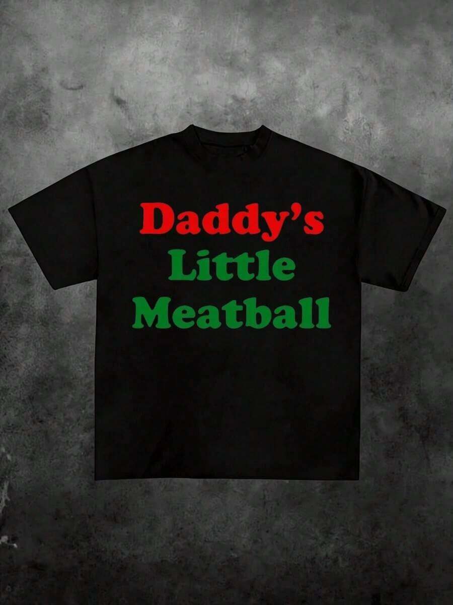 1 Piece "Mommy's Little Meatball" Printed T-Shirt, Casual Print, Comfortable And Versatile, With Letter Pattern, 100% Pure Cotton, 220g, 180g 100% Cotton - 2 - 查看 1
