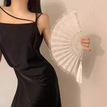 1 件复古蕾丝刺绣花卉手扇 - 优雅的黑白流苏手持扇,传统复古风格,夏季清凉,是送给女性和家居装饰的理想礼物 - 彩色 - 查看 4