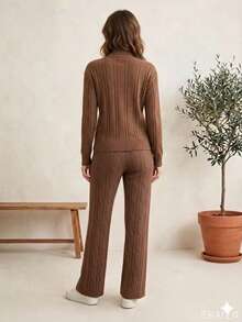 1pc Casual Blouse And Pants Set, Daily Winter Modal Knit, Classic Cable Knit - 巧克力棕 - 查看 2