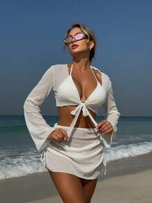 New Four-Piece Swimsuit In Solid Color, Sexy,  Style, Ideal For Summer Beach Vacations. - White - View 12