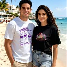 2-Piece Couple Matching Pattern T-Shirt, 100% Cotton, Loose Fit, Soft And Breathable, Casual Round Neck Short Sleeved Top Easily Distracted By Dogs And Books Cute Dog With Book And Flower Versatile Patterns No Picky Combinations Coordinated Dating Casual Travel Simple And Cartoonish Printing - 白色 - 查看 1
