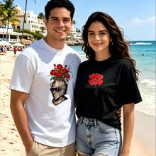 2-Piece Couple Matching Pattern T-Shirt, 100% Cotton, Loose Fit, Soft And Breathable, Casual Round Neck Short Sleeved Top Glasses Mustache I'm Not A Hipster Heart Sunglasses Lips Chic Vibes Versatile Patterns No Picky Combinations Coordinated Dating Casual Travel Simple And Cartoonish Printing - 白色 - 查看 1