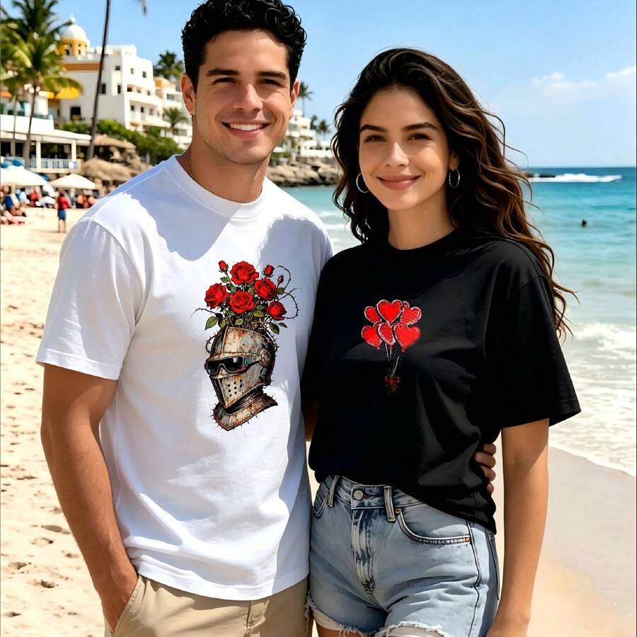 2-Piece Couple Matching Pattern T-Shirt, 100% Cotton, Loose Fit, Soft And Breathable, Casual Round Neck Short Sleeved Top Glasses Mustache I'm Not A Hipster Heart Sunglasses Lips Chic Vibes Versatile Patterns No Picky Combinations Coordinated Dating Casual Travel Simple And Cartoonish Printing - 白色 - 查看 1