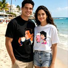 2-Piece Couple Matching Pattern T-Shirt, 100% Cotton, Loose Fit, Soft And Breathable, Casual Round Neck Short Sleeved Top Eternal Elixir Bottle Design Phoebus Blue Bottle Art Versatile Patterns No Picky Combinations Coordinated Dating Casual Travel Simple And Cartoonish Printing Styles High - 黑色 - 查看 1