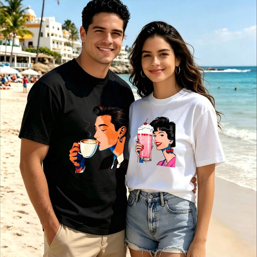 2-Piece Couple Matching Pattern T-Shirt, 100% Cotton, Loose Fit, Soft And Breathable, Casual Round Neck Short Sleeved Top Eternal Elixir Bottle Design Phoebus Blue Bottle Art Versatile Patterns No Picky Combinations Coordinated Dating Casual Travel Simple And Cartoonish Printing Styles High - 黑色 - 查看 1
