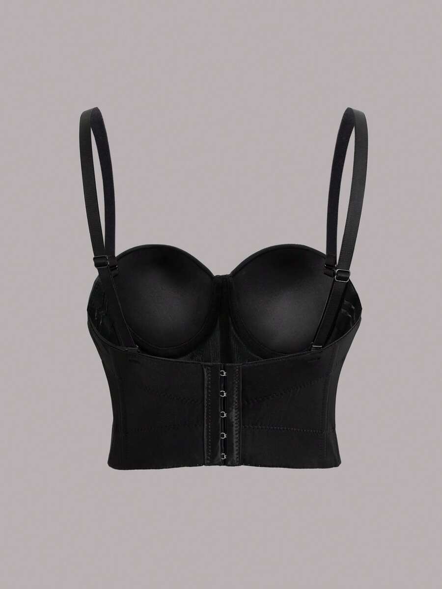 Heavy Embellished Rhinestone Pearl Fishbone Strap Bustier Top, Sexy Push-Up Cropped Waist-Baring Spaghetti Strap, Outerwear Camisole Inner Layer - Black - View 1