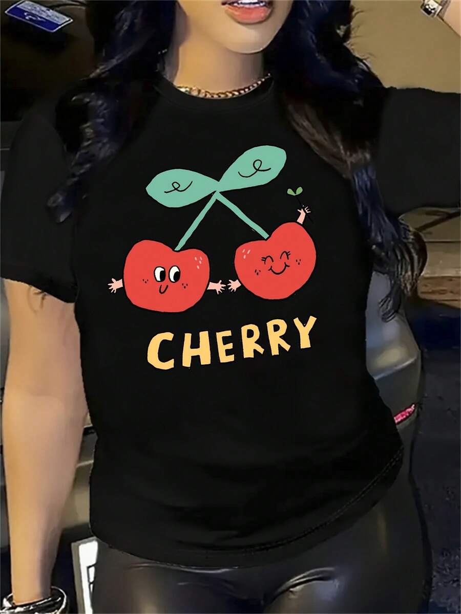 Camiseta Casual de Verano para Mujer - Camiseta de Talla Grande con Estampado de Cerezas - Bonitos dibujos de cerezas y estampados llamativos, tela suave y transpirable, cuello redondo informal y corte holgado, adecuada para uso diario, una excelente opción de regalo, artículo con temática de cerezas, camiseta elegante y a la moda. - Negro - Ver 1