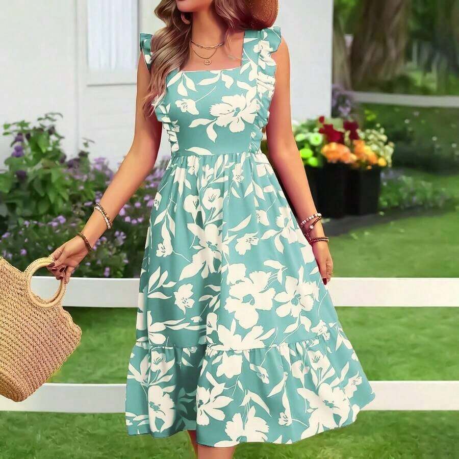 Vestido de verano de estilo bohemio con cuello cuadrado y estampado floral, con volantes en el bajo, elegante vestido de vacaciones en color rojo - Azul - Ver 1