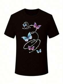 Camiseta de manga corta con estampado de mariposas, top casual para primavera y verano, ropa de mujer - Negro - Ver 4
