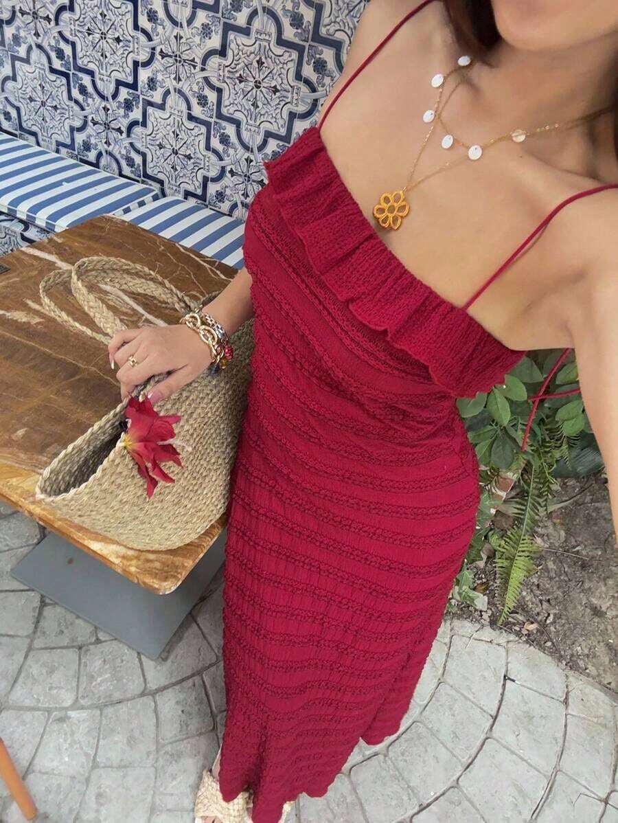 YHHSunnyshic Vestido de mujer con tirantes finos y volantes multicapa, estilo dulceYHH - Burdeos - Ver 1