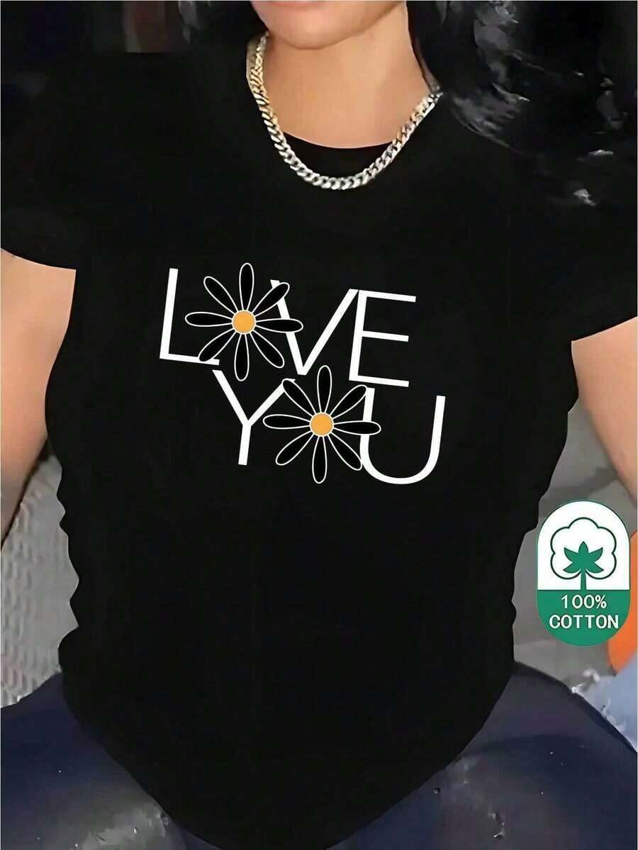 1 Piece Women's Summer Casual T-Shirt - 180g, Machine Washable, White, High Neck With Eye-Catching "LOVE YOU" And Daisy Print, Regular Fit, Stretchy And Comfortable, Graduation Gift For Her, Teacher Appreciation Gift, Funny Graphic Tee, Comfortable Cotton T-Shirt 180g 100% Cotton. - 黑色 - 查看 1