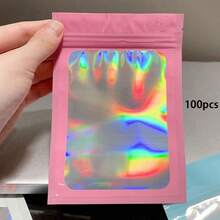 50 buah Kantong Kemasan Warna Pink, Kantong Display Transparan untuk Menggantung Aksesoris, Kantong Perekat Otomatis untuk Kabel dan Kosmetik, Kantong Kemasan Holografik - Laser Merah Muda - View 5