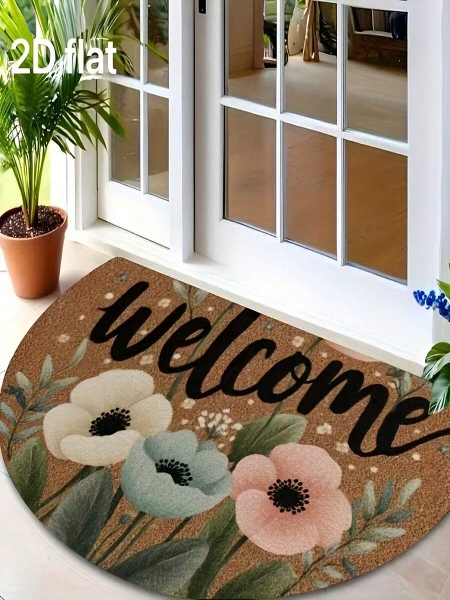 1pc Crystal Velvet Floral Welcome Doormat, Semi-Circle Suitable For Indoor And Outdoor Use, Perfect For Front Door, Porch, Kitchen, Garden And More - A - View 1